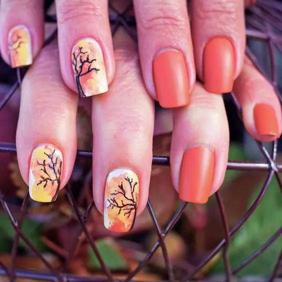 Fall Nails Ideas | Burnt Orange Square Acrylic Fall Nails with Fall Tree Design