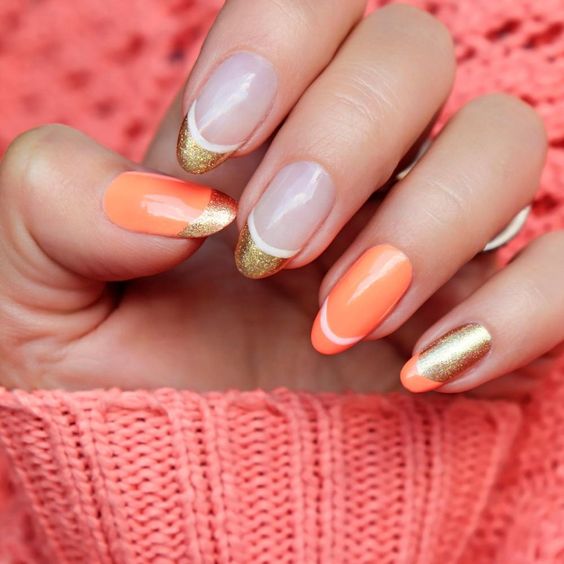 Fall Nails Ideas | Chic Peach and Gold Glitter French Tip Round Acrylic Fall Nails