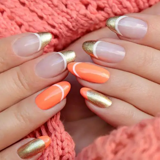 Fall Nails Ideas | Chic Peach and Gold Glitter French Tip Round Acrylic Fall Nails