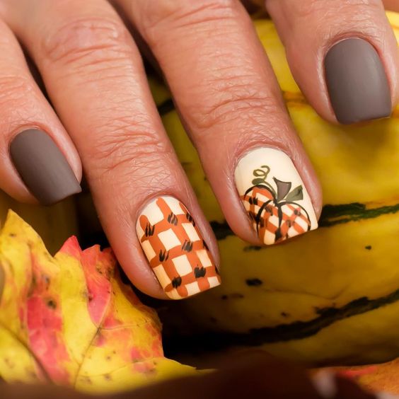 Fall Nails Ideas | Matte Shabby Chic Square Acrylic Fall Nails Design with Pumpkin