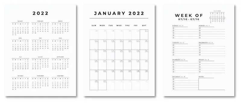2022 Printable Calendars! Modern Minimalist Monthly, Weekly and FREE Yearly Vertical US Letter Sunday Start