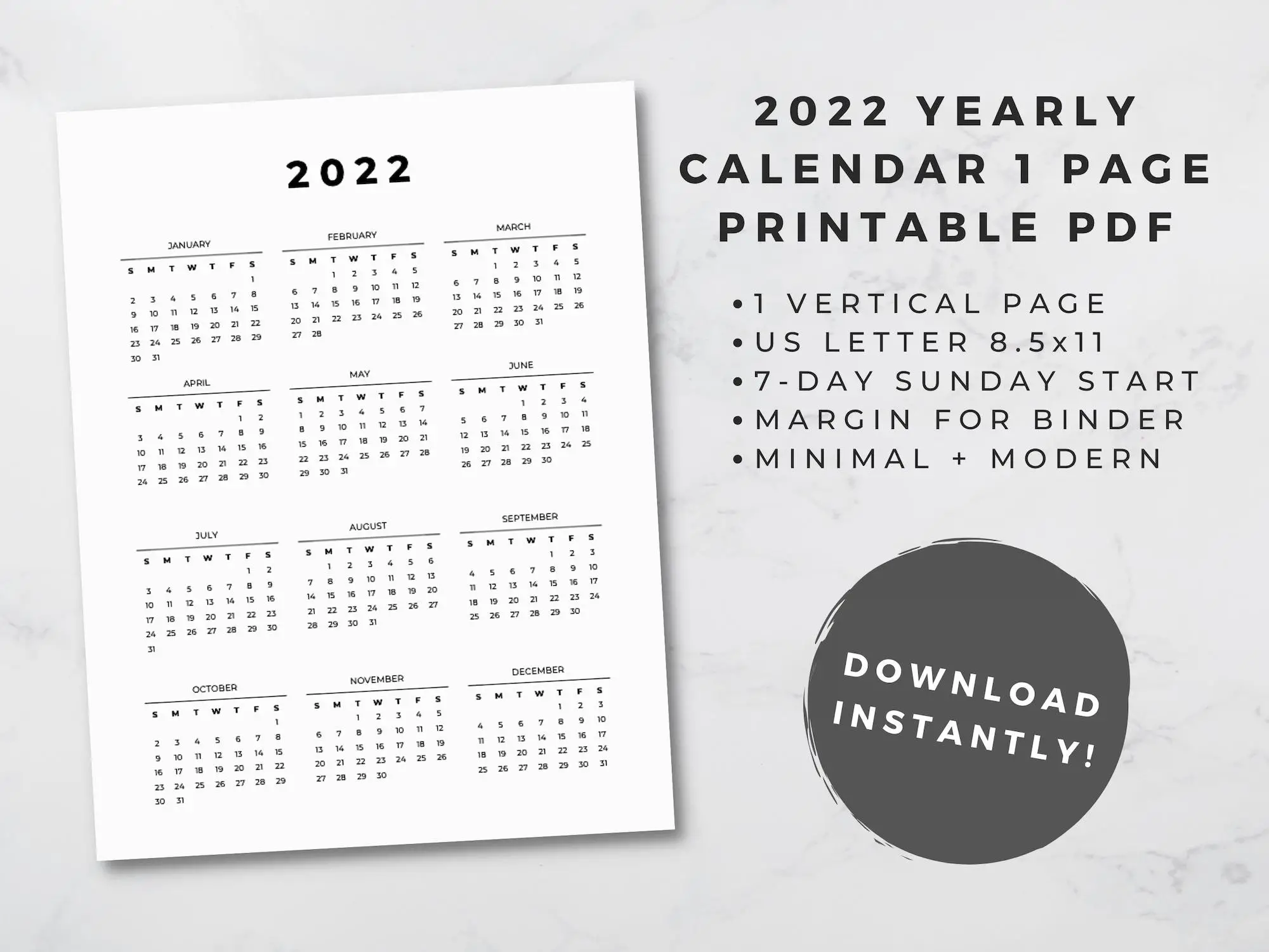 FREE 2022 Printable Calendar Year at a Glance (8.5x11 Vertical)