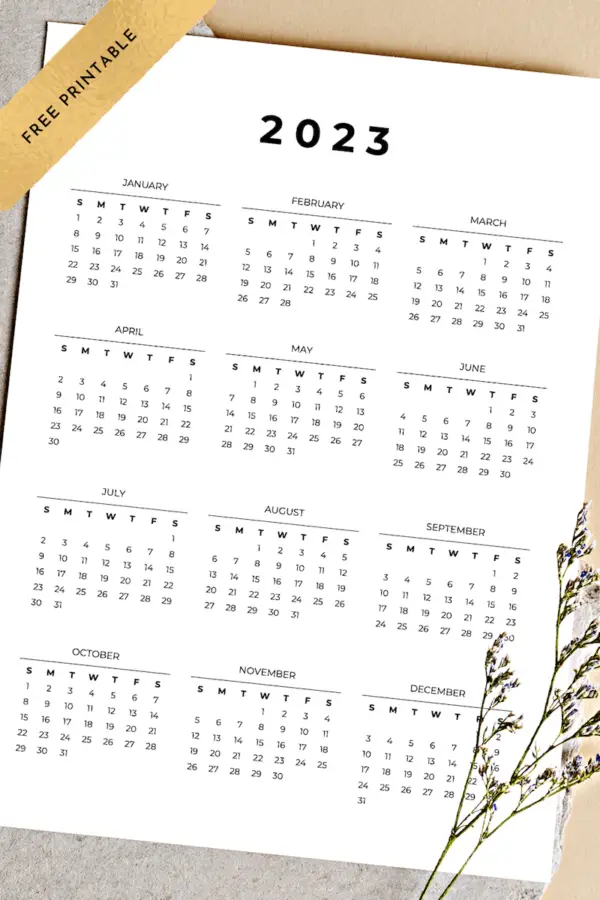 2023 yearly calendar printable by Indoorzy